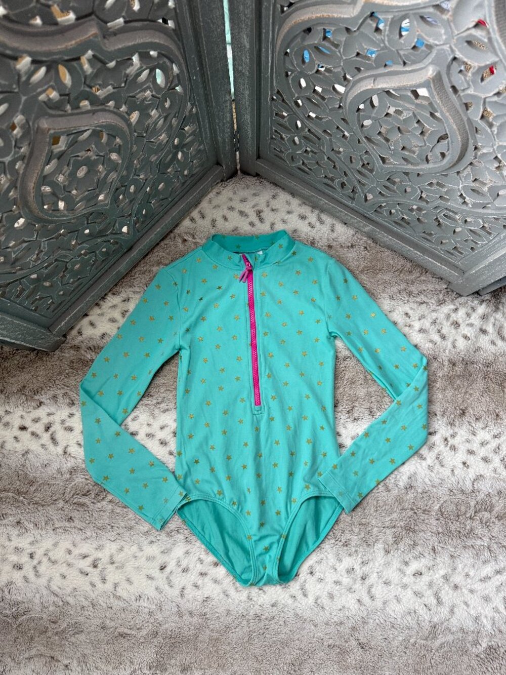 Boden green long sleeve swimsuit girls size 8 preppy stars tropical beach summer